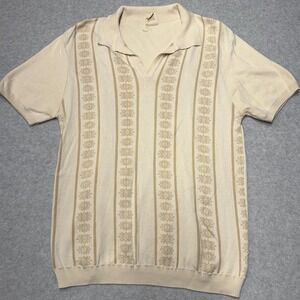 Dandy Del Mar Polo Shirt Mens L Beige Knit Floral Stripe Cotton Johnny Collar